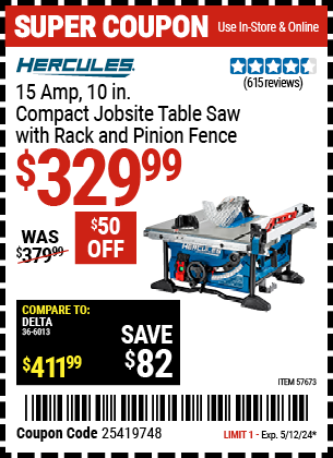 HERCULES: 15 Amp, 10 in. Compact Jobsite Table Saw with Rack and Pinion Fence