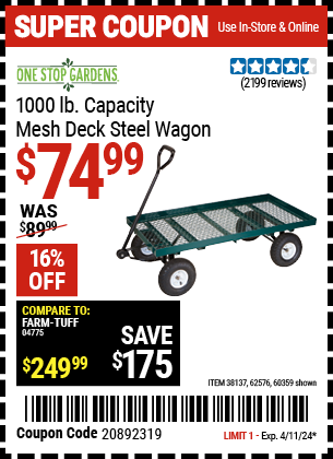 ONE STOP GARDENS: 1000 lb. Capacity Mesh Deck Steel Wagon