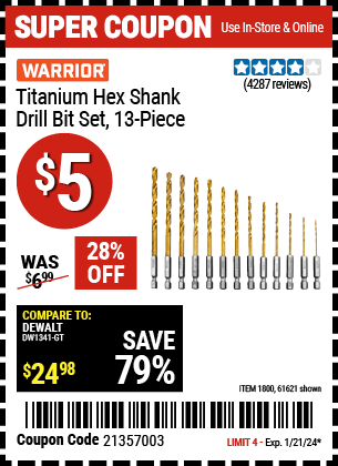 WARRIOR: Titanium Hex Shank Drill Bit Set, 13-Piece