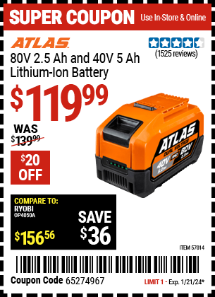 ATLAS: 80V 2.5 Ah and 40V 5.0 Ah Lithium-Ion Battery