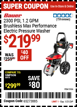 BAUER: 2300 PSI, 1.2 GPM Brushless Max Performance Electric Pressure Washer