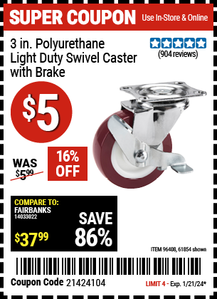 HFT: 3 in. Polyurethane Light Duty Swivel Caster with Brake