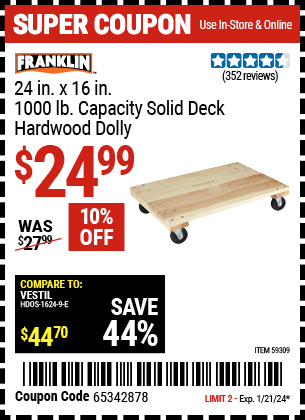 FRANKLIN: 24 in. x 16 in. 1000 lb. Capacity Solid Deck Hardwood Dolly