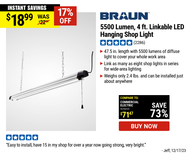 BRAUN: 5500 Lumen, 4 ft. Linkable LED Hanging Shop Light