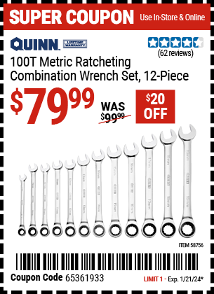 QUINN: 100 Tooth Metric Ratcheting Combination Wrench Set, 12 Piece