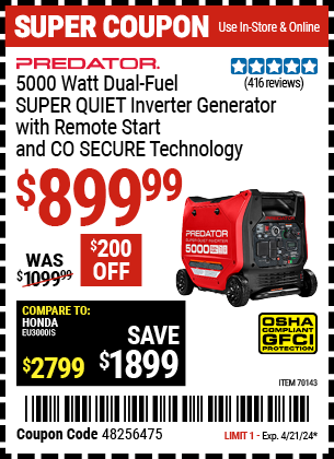 PREDATOR: 5000 Watt Dual-Fuel SUPER QUIET Inverter Generator with Remote Start and CO SECURE Technology