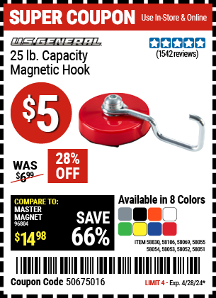 U.S. GENERAL: 25 lb. Magnetic Hook, Black