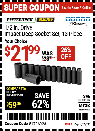 PITTSBURGH: 1/2 in. Drive SAE Impact Deep Socket Set, 13-Piece