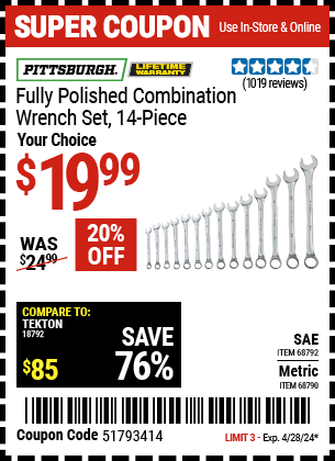 PITTSBURGH: Fully Polished Metric Combination Wrench Set, 14 Piece