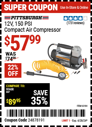 PITTSBURGH AUTOMOTIVE: 12V 150 PSI Compact Air Compressor