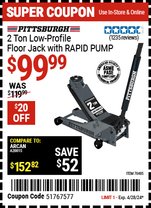 PITTSBURGH: 2 Ton Low-Profile Floor Jack with RAPID PUMP, Slate Gray