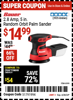 BAUER: 2.8 Amp, 5 in. Random Orbit Palm Sander