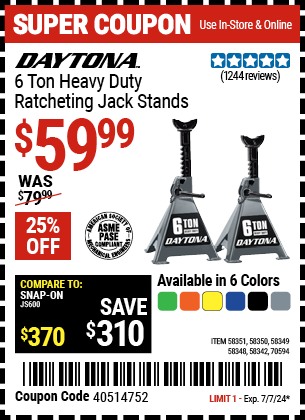 DAYTONA: 6 Ton Heavy Duty Ratcheting Jack Stands, Black