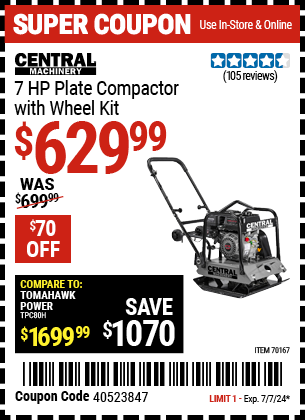 CENTRAL MACHINERY: 7 HP Plate Compactor with Wheel Kit