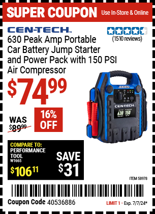 CEN-TECH: 630 Peak Amp Portable Car Battery Jump Starter and Power Pack with 150 PSI Air Compressor