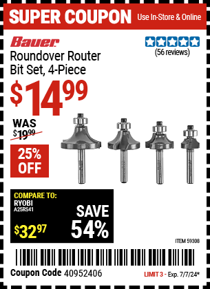 BAUER: Roundover Router Bit Set, 4-Piece