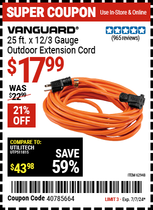 VANGUARD: 25 ft. x 12/3 Gauge Outdoor Extension Cord, Orange