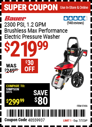 BAUER: 2300 PSI, 1.2 GPM Brushless Max Performance Electric Pressure Washer