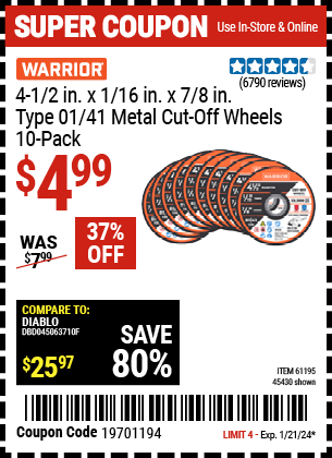 WARRIOR: 4-1/2 in. x 1/16 in. x 7/8 in. Type 01/41 Metal Cut-off Wheel, 10-Pack