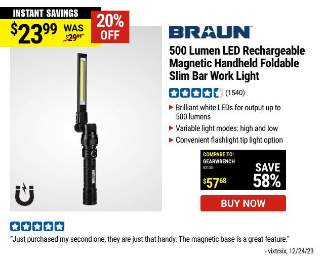 BRAUN: 500 Lumen LED Rechargeable Magnetic Handheld Foldable Slim Bar Work Light