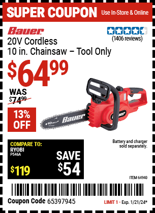 BAUER: 20V Cordless 10 in. Chainsaw – Tool Only