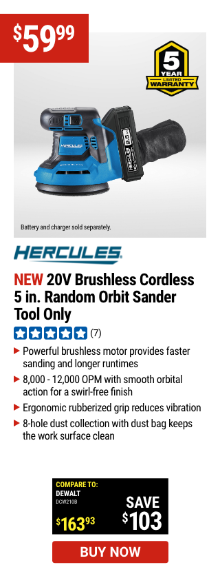 NEW - HERCULES: 20V Brushless Cordless 5 in. Random Orbit Sander - Tool Only