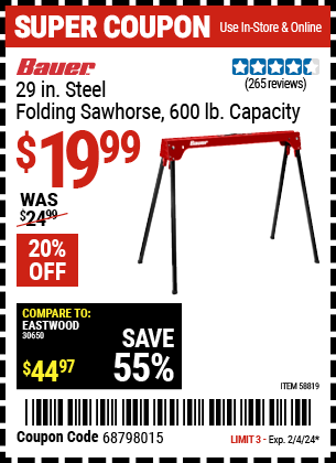 BAUER: 29 in. Steel Folding Sawhorse, 600 lb. Capacity