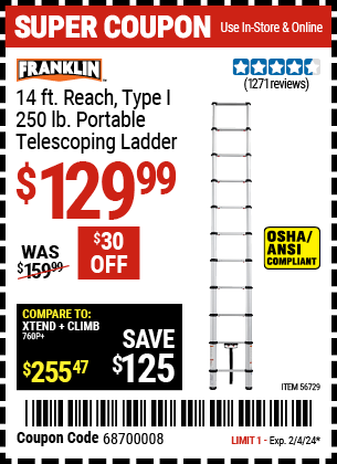 FRANKLIN: 14 ft. Reach, Type I, 250 lb. Portable Telescoping Ladder