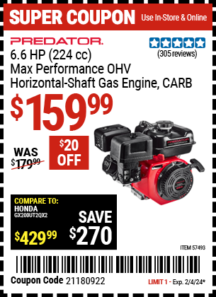 PREDATOR: 6.6 HP (224cc) Max Performance OHV Horizontal-Shaft Gas Engine, CARB