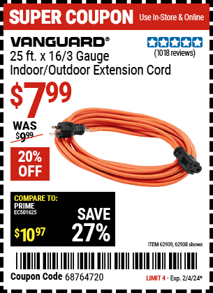 VANGUARD: 25 ft. x 16/3 Gauge Indoor/Outdoor Extension Cord, Orange