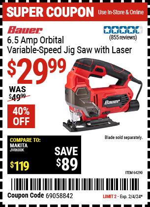 BAUER: 6.5 Amp Orbital Variable Speed Jig Saw with Laser