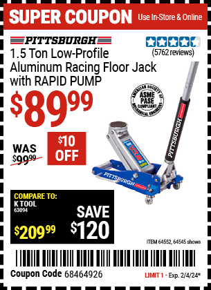 PITTSBURGH AUTOMOTIVE: 1.5 Ton Low-Profile Aluminum Racing Floor Jack with RAPID PUMP