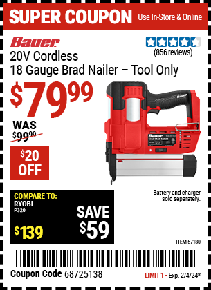 BAUER: 20V Cordless 18 Gauge Brad Nailer - Tool Only