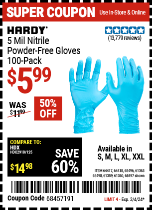 HARDY: 5 mil Nitrile Powder-Free Gloves, 100-Pack, Large, Light Blue