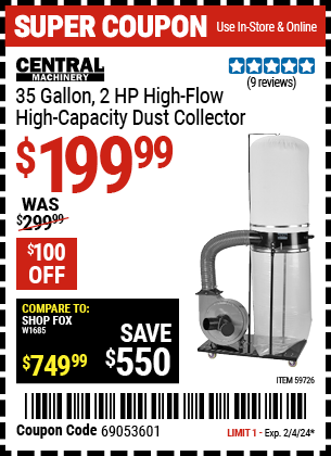 CENTRAL MACHINERY: 35 Gallon, 2 HP High-Flow High-Capacity Dust Collector