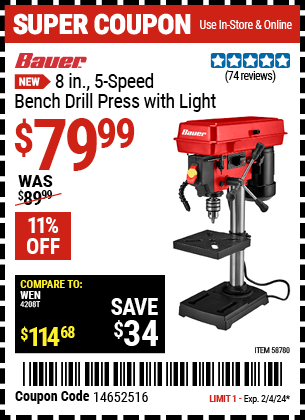 BAUER: 8 in., 5-Speed Bench Drill Press with Light