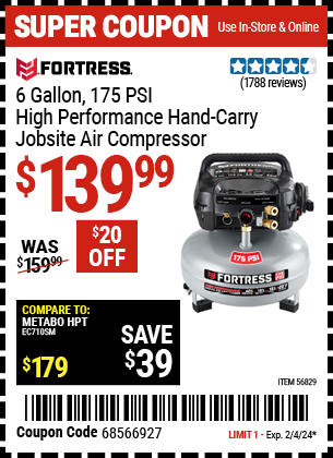 FORTRESS: 6 gallon, 175 PSI High Performance Hand Carry Jobsite Air Compressor