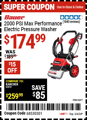 BAUER: 2000 PSI Max Performance Electric Pressure Washer