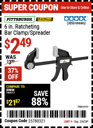 PITTSBURGH: 6 in. Ratcheting Bar Clamp/Spreader