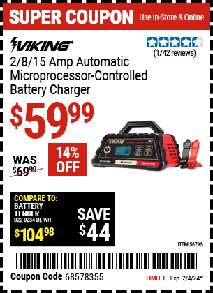 VIKING: 2/8/15 Amp Automatic Microprocessor Controlled Battery Charger