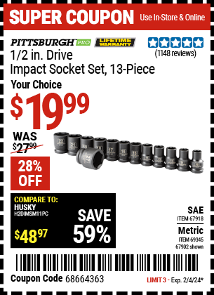 PITTSBURGH PRO: 1/2 in. Drive Metric Impact Socket Set, 13 Piece