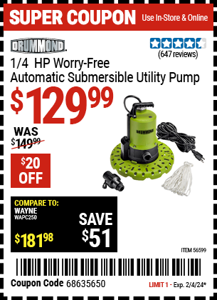 DRUMMOND: 1/4 HP Worry-Free Automatic Submersible Utility Pump