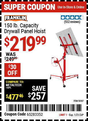 FRANKLIN: 150 lb. Capacity Drywall Panel Hoist