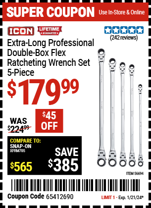 ICON: Extra Long Professional Double Box Flex Ratcheting Wrench Set, 5-Piece