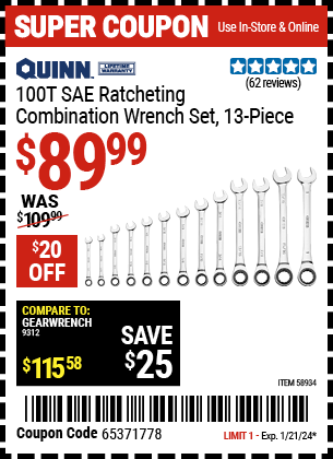QUINN: 100 Tooth SAE Ratcheting Combination Wrench Set, 13 Piece
