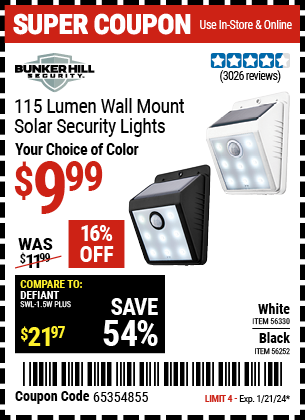 BUNKER HILL SECURITY: 115 Lumen Wall Mount Solar Security Light, Black