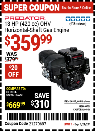 PREDATOR: 13 HP (420cc) OHV Horizontal Shaft Gas Engine, EPA