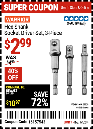 WARRIOR: Hex Shank Socket Driver Set, 3-Piece