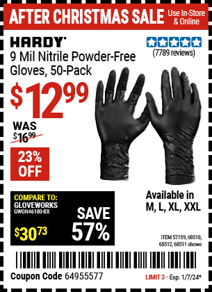 HARDY: 9 mil Nitrile Powder-Free Gloves, 50-Pack