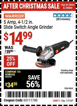 WARRIOR: 5 Amp, 4-1/2 in. Slide Switch Angle Grinder